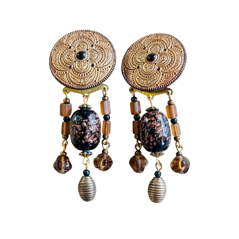 VTG Copper gold Foil Fleck Earrings Venetian Murano Glass Chandelier Clip Dangle